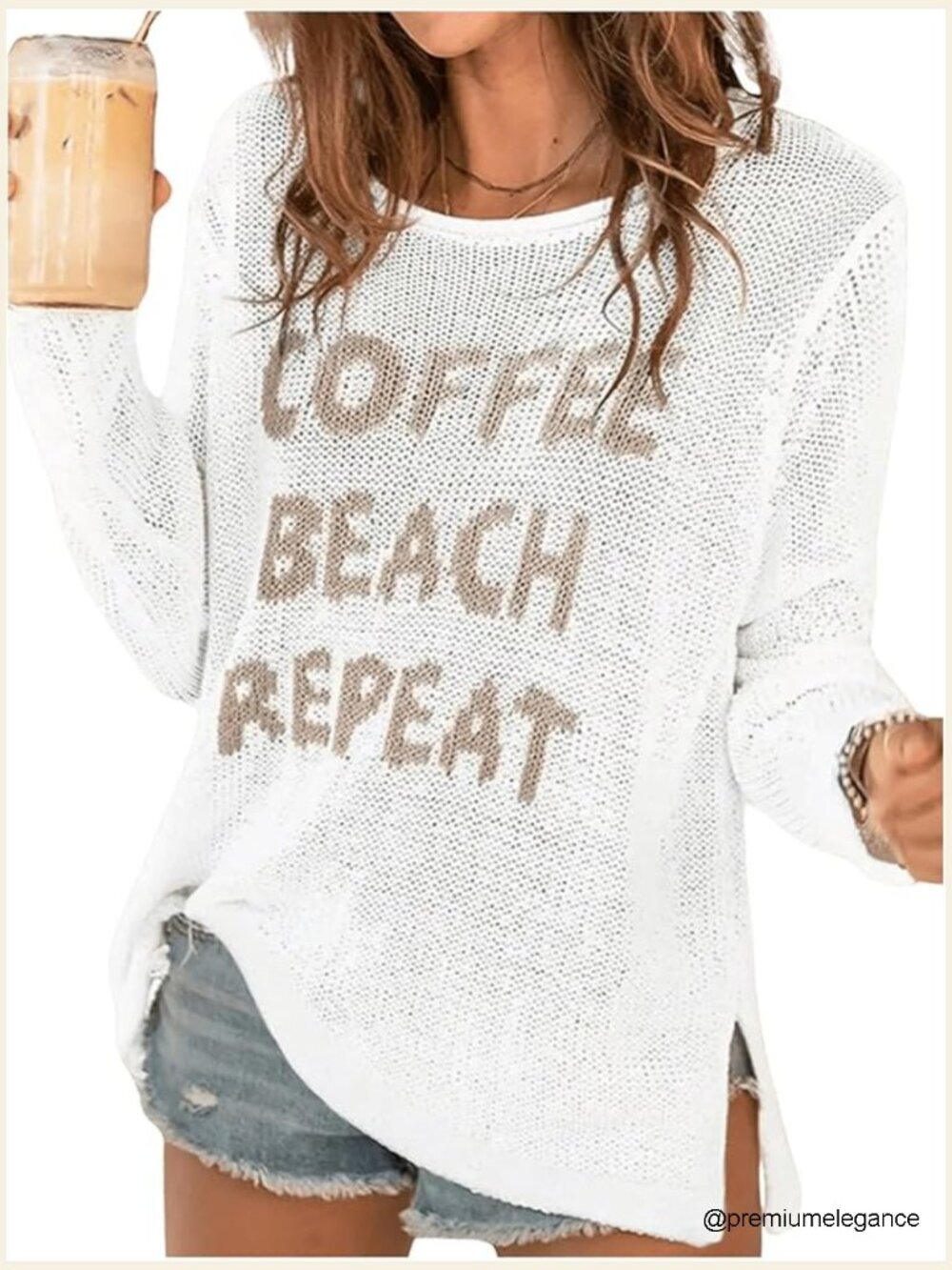 Letter Print Crochet Cover Up Sweater Long Sleeve Crew Neck
